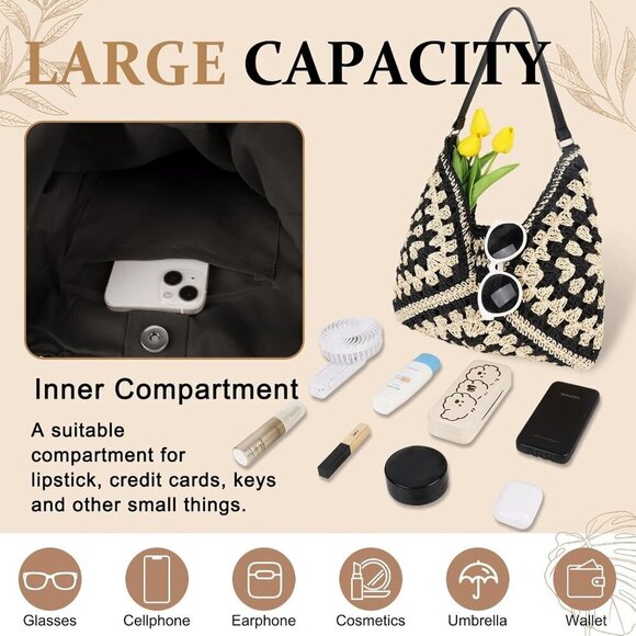 Straw Hobo Beach Bag Women Summer Woven Tote Foldable Travel Shoulder main image 4